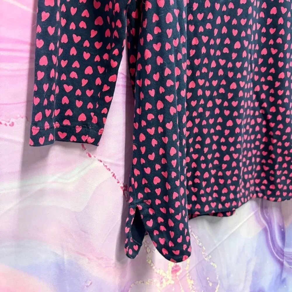 J. Jill M Navy Blue Pink Heart Print 3/4 Sleeve Blouse Romantic Feminine Artsy